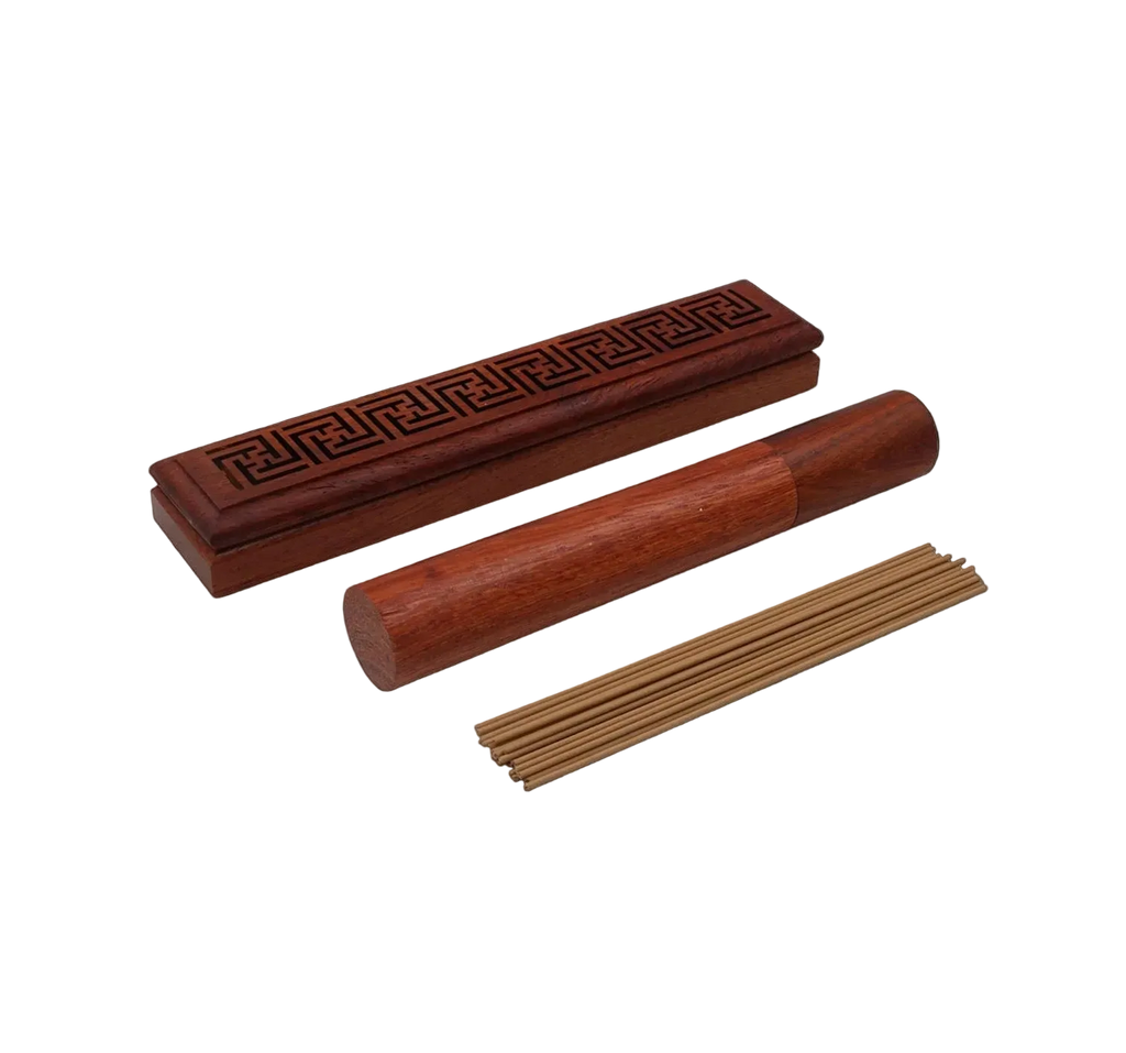 Coffret de 20 bâtonnets d'encens Oud de 10,5cm/1,3mm dans étui en bois avec porte-encens